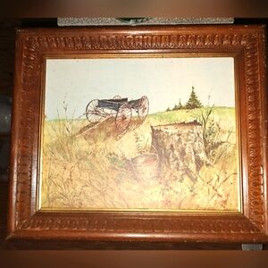 Vintage BP Co Litho cardboard wood framed Farm wagon tree stump No glass